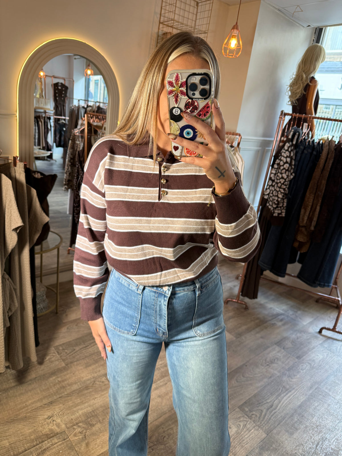 Stripe Gold Button Detail Polo Jumper