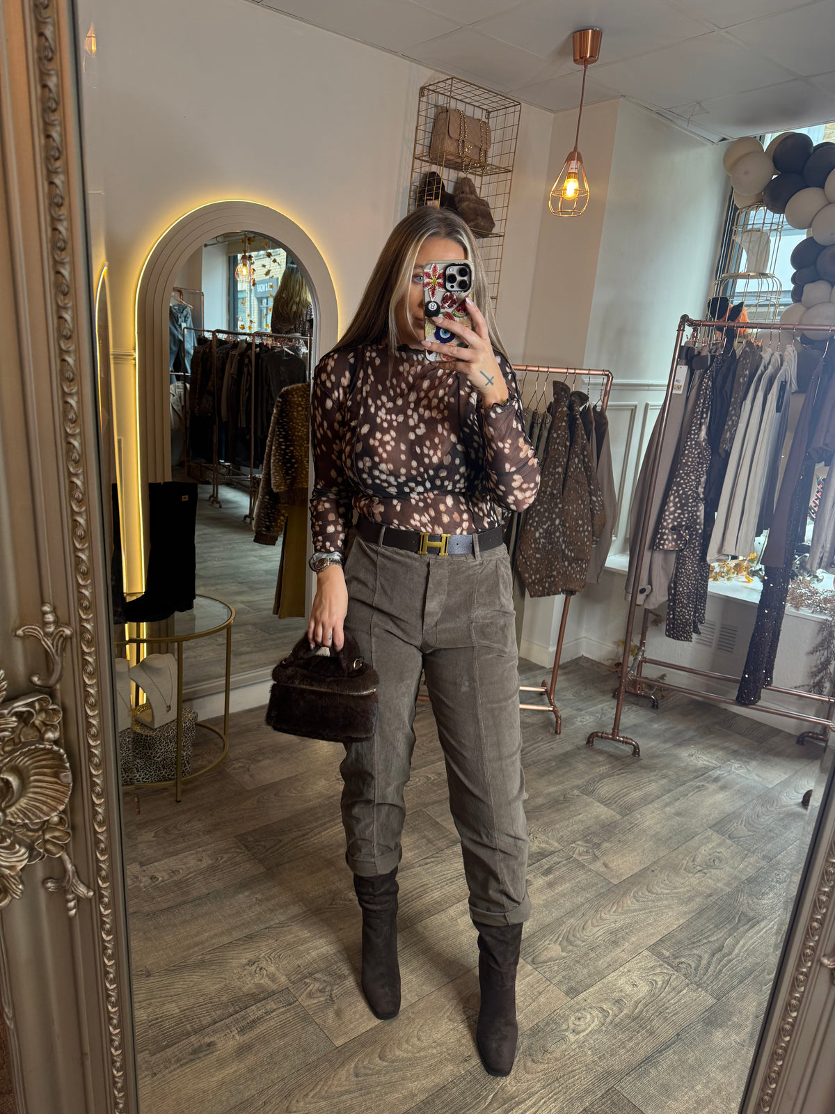 The H Belted Cord/Suede Pants