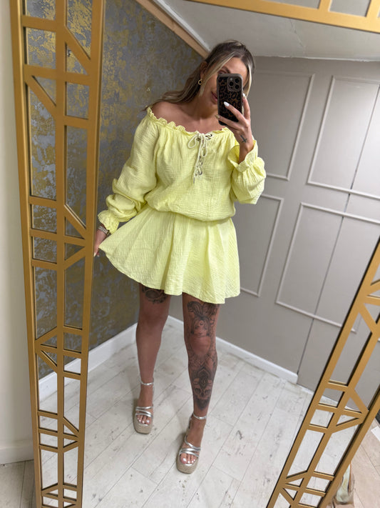 Lace Up Cheesecloth Playsuit Yellow