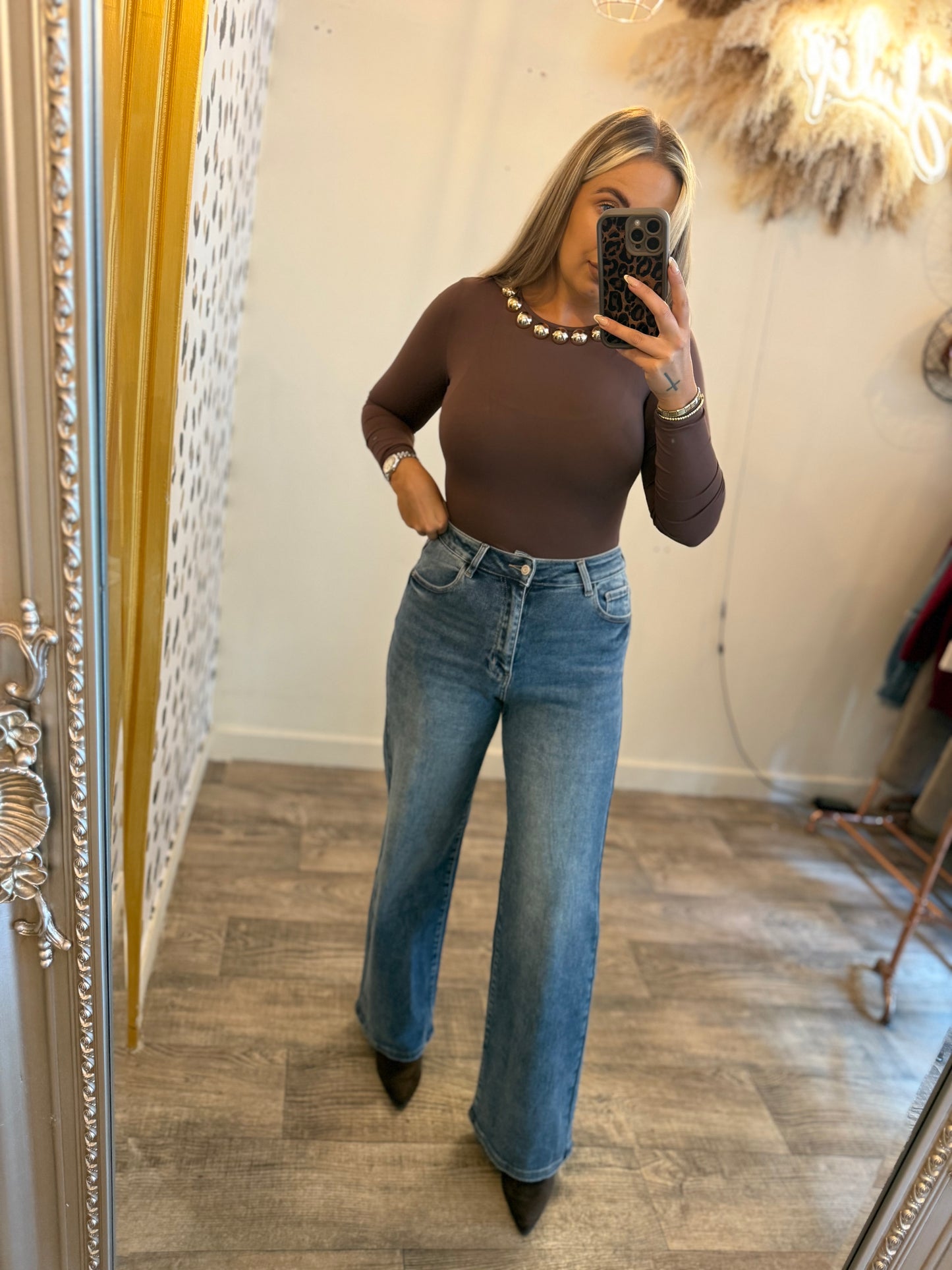 Chocolate Bodysuit With Gold Studs
