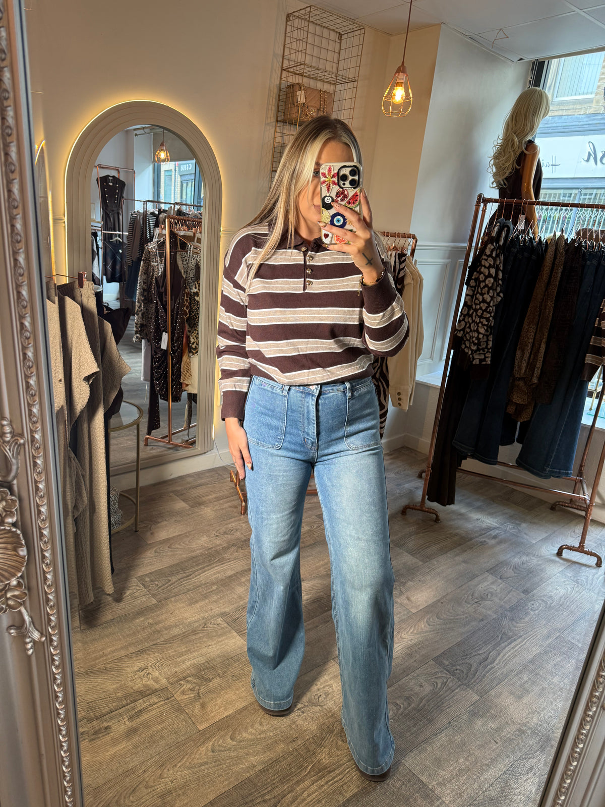Stripe Gold Button Detail Polo Jumper
