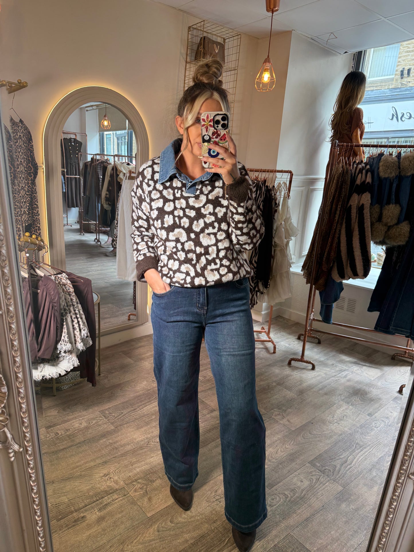 Denim Collar Leopard Jumper