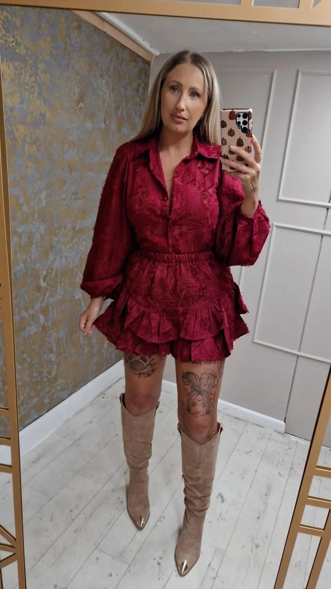 Burgundy Frilly Shirt & Short Set