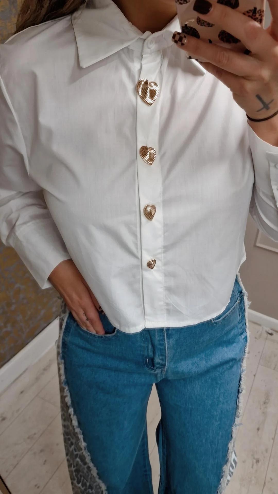 White Crop Shirt With Gold Heart Buttons